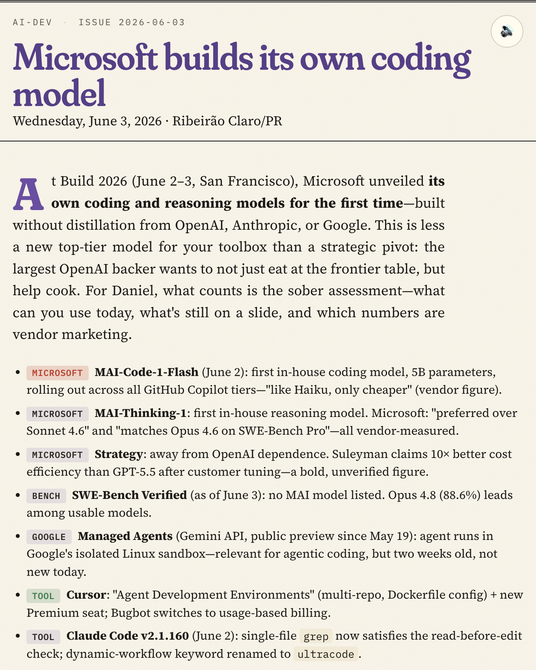AI-for-coding front page headlined 'Microsoft builds its own coding model', with sourced bullets on MAI-Code-1-Flash, MAI-Thinking-1, SWE-Bench Verified and Claude Code