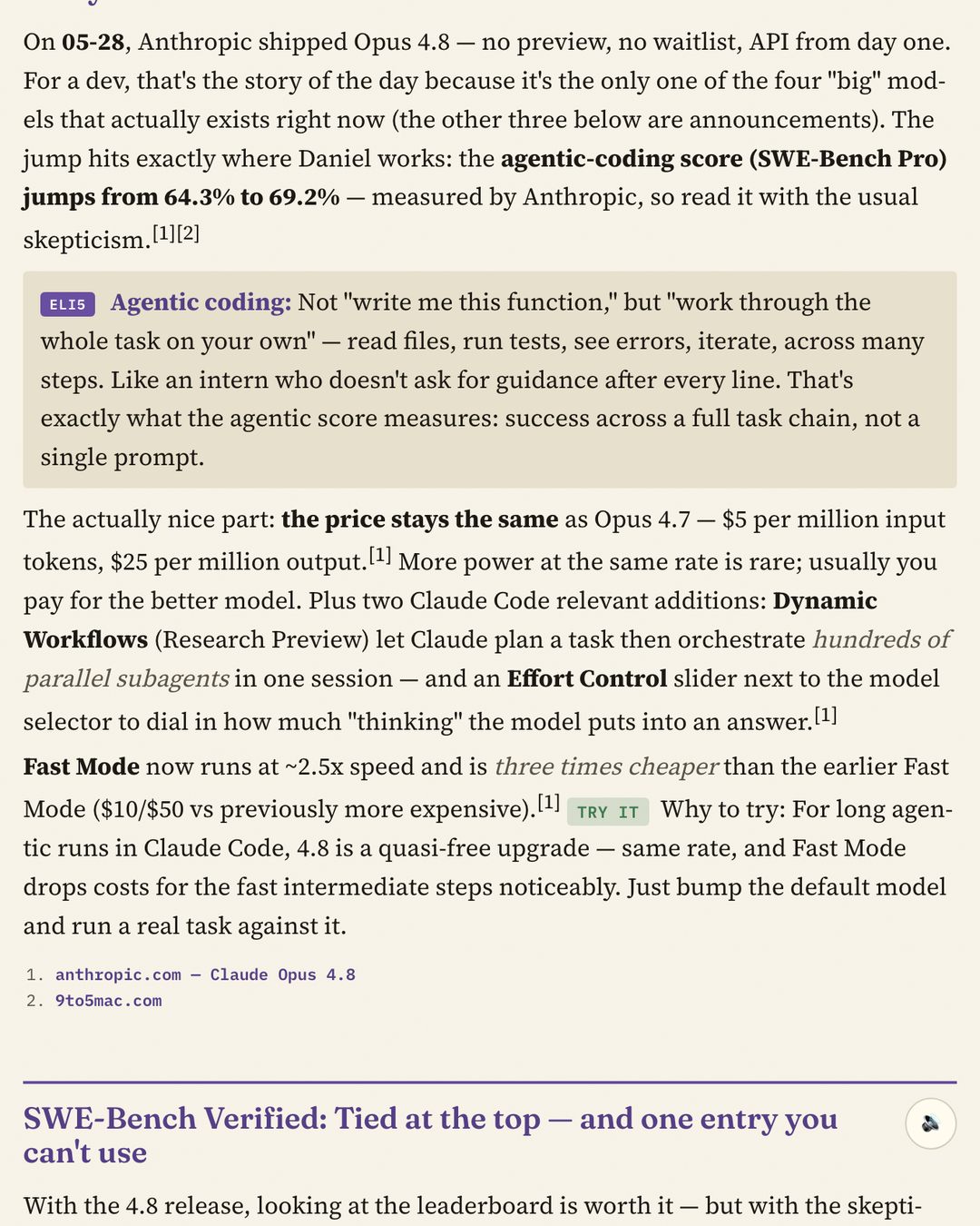 An article on Opus 4.8 with a highlighted ELI5 box defining agentic coding as working through the whole task on your own, like an intern who doesn't ask for guidance after every line