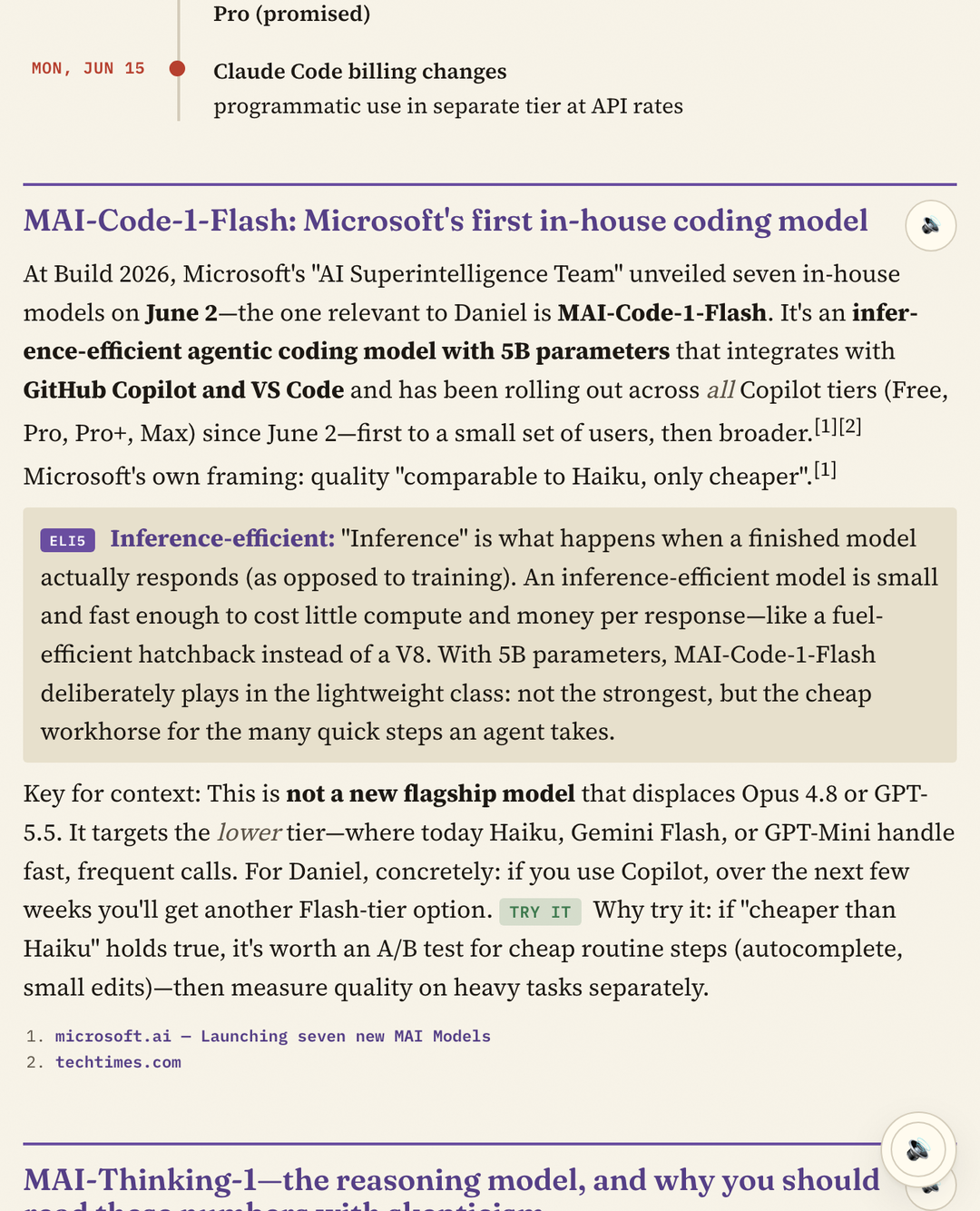 An article on MAI-Code-1-Flash with a highlighted ELI5 box explaining an inference-efficient model as a fuel-efficient hatchback instead of a V8