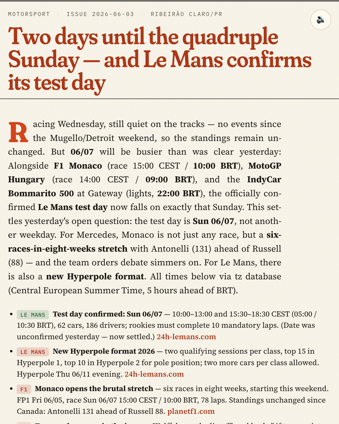Motorsport front page headlined 'Two days until the quadruple Sunday — and Le Mans confirms its test day', covering F1 Monaco, MotoGP Hungary, IndyCar and the simmering team-orders debate