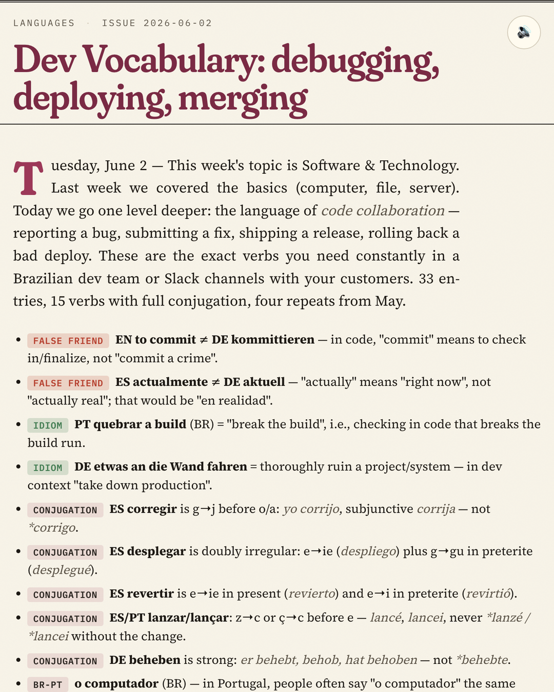 Languages section titled 'Dev Vocabulary: debugging, deploying, merging', with false-friend warnings, idioms and conjugation notes across German, English, Spanish and Portuguese
