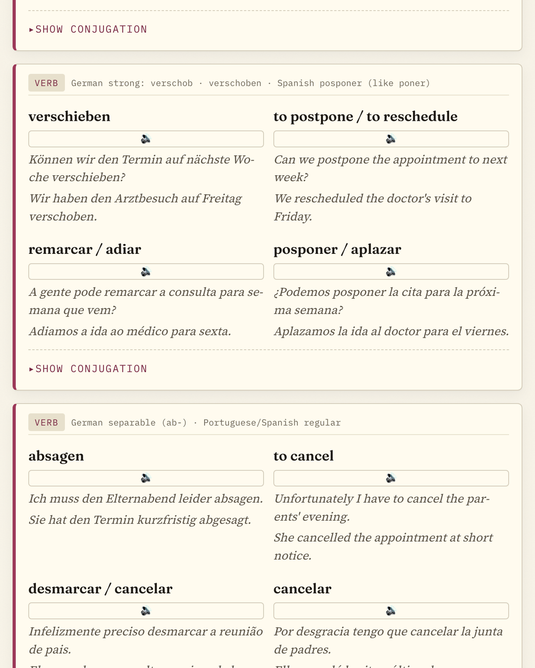 Vocabulary cards conjugating verschieben and absagen with their Spanish and Portuguese equivalents, each with example sentences