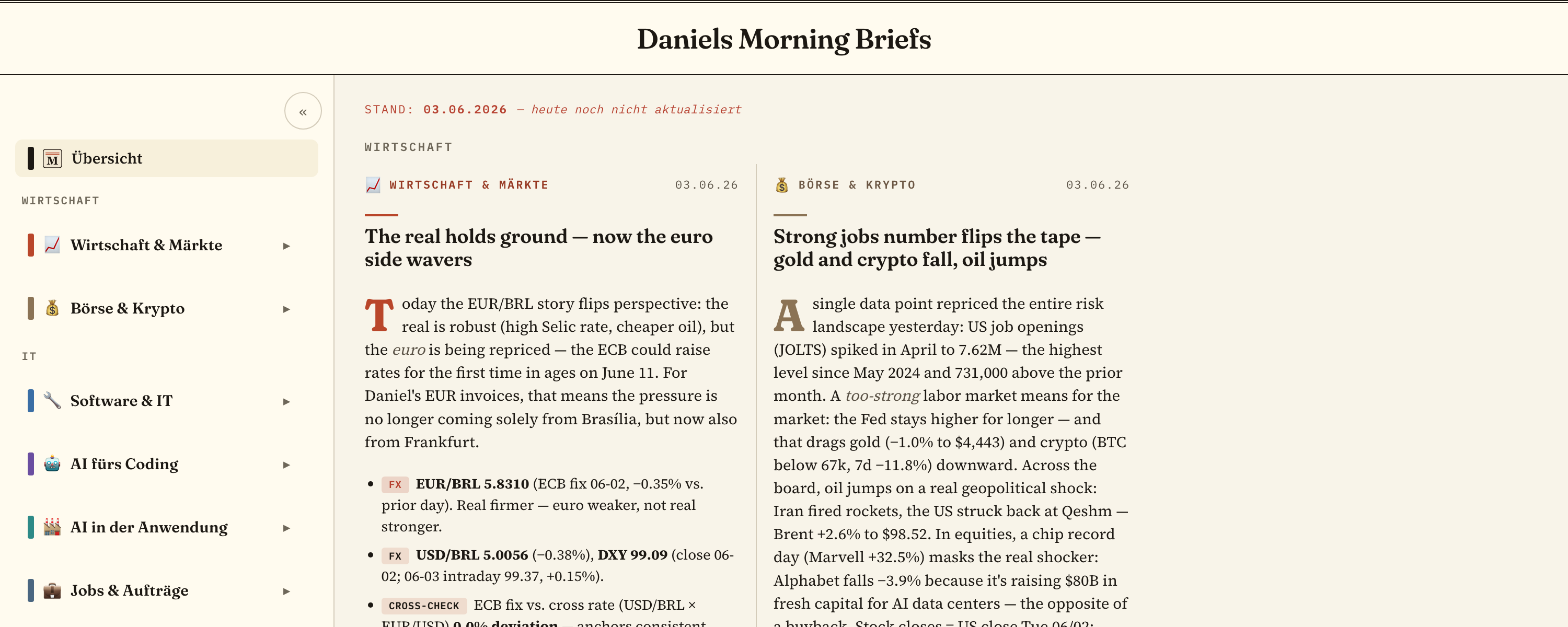 The Daniels Morning Briefs dashboard: a sidebar of sections — economy, stocks, software, AI coding, AI use cases, jobs and more — next to the day's two economy and markets articles
