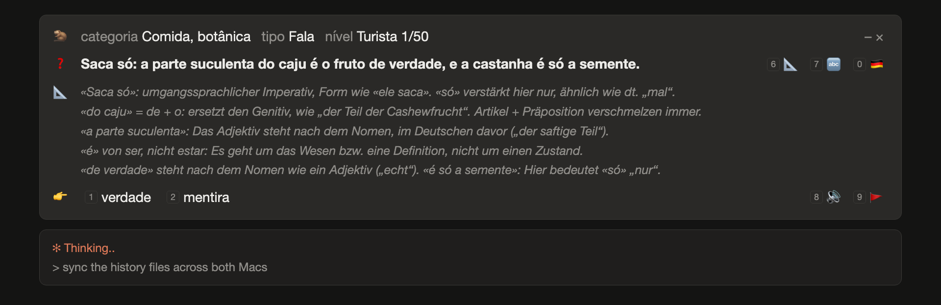 A Capi card with the caju sentence and, below it, five grammar notes in German: saca só as a colloquial imperative, do caju as de plus o, the adjective after the noun, é from ser and not estar, and só meaning only